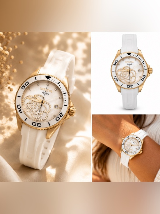 Invicta Angel Gold-Tone & White Silicone Mother-of-Pearl Women’s Watch